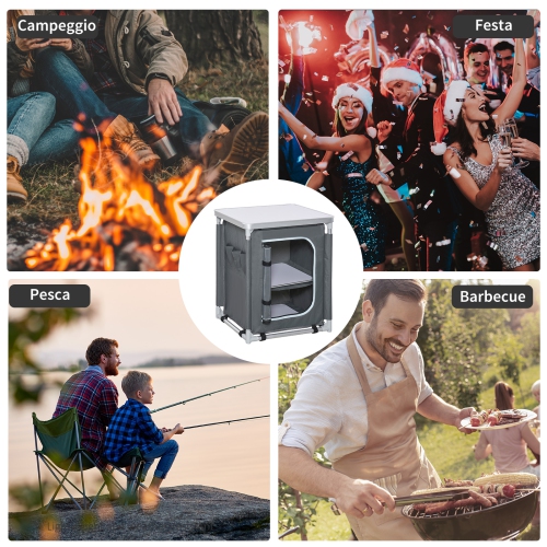 Station de cuisine de camping Outsunny, armoire de cuisine de table de camping en aluminium avec 2 tablettes et sac de transport pour barbecues,