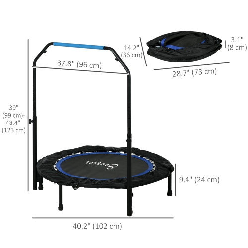 Soozier 40" Foldable Rebounder Trampoline for Adult, Mini Trampoline Indoor and Outdoor with 4 Level Adjustable U-Shaped Foam Handle, Quiet and Safe