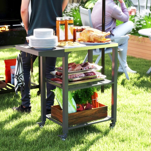 Outsunny 3-Shelf Outdoor Grill Cart with Foldable Side Table, 22" x 16.1" Pizza Oven Stand with Stainless Steel Tabletop, Hooks, Movable Food Prep