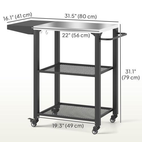 Outsunny 3-Shelf Outdoor Grill Cart with Foldable Side Table, 22" x 16.1" Pizza Oven Stand with Stainless Steel Tabletop, Hooks, Movable Food Prep