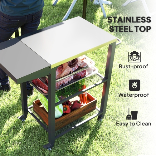 Outsunny 3-Shelf Outdoor Grill Cart with Foldable Side Table, 22" x 16.1" Pizza Oven Stand with Stainless Steel Tabletop, Hooks, Movable Food Prep