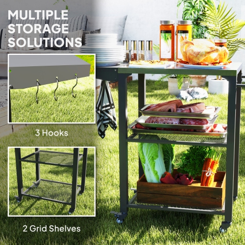 Outsunny 3-Shelf Outdoor Grill Cart with Foldable Side Table, 22" x 16.1" Pizza Oven Stand with Stainless Steel Tabletop, Hooks, Movable Food Prep