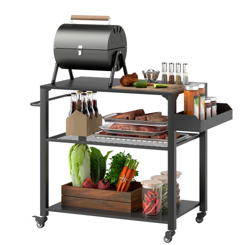 Outsunny Three-Shelf Outdoor Grill Dining Cart, Pizza Oven Stand with Storage Rack, Side Handle, BBQ Movable Food Prep Table with 4 Wheels for