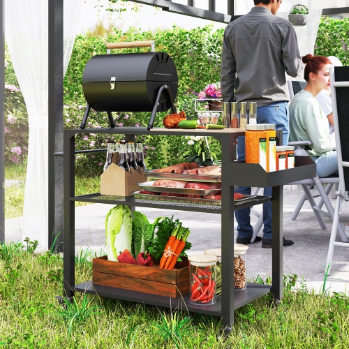 Outsunny Three-Shelf Outdoor Grill Dining Cart, Pizza Oven Stand with Storage Rack, Side Handle, BBQ Movable Food Prep Table with 4 Wheels for