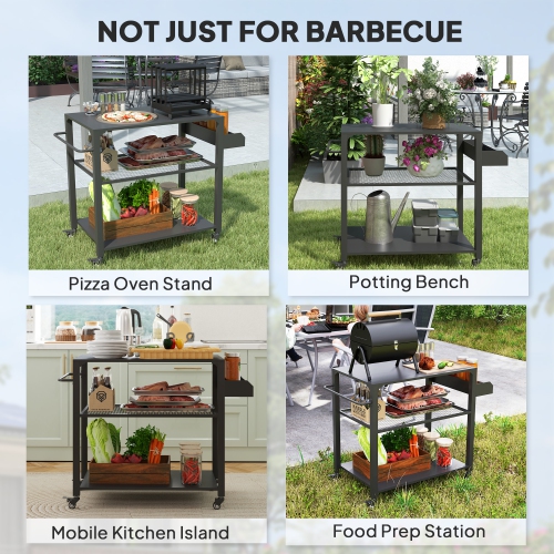 Outsunny Three-Shelf Outdoor Grill Dining Cart, Pizza Oven Stand with Storage Rack, Side Handle, BBQ Movable Food Prep Table with 4 Wheels for