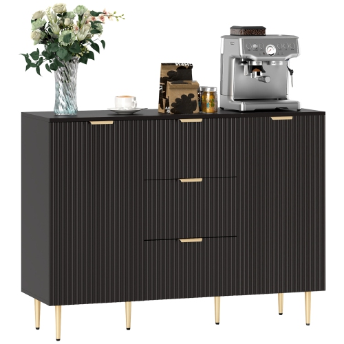 HOMCOM  Sideboard Buffet Cabinet, Modern Kitchen Storage Cabinet \w 3 Drawers And Adjustable Shelves, Fluted Coffee Bar Cabinet \w Metal Legs For