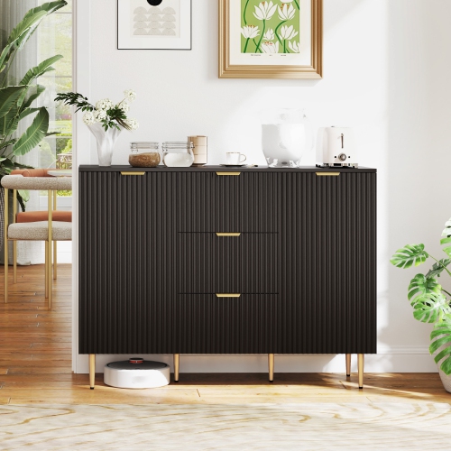HOMCOM Sideboard Buffet Cabinet, Modern Kitchen Storage Cabinet with 3 Drawers and Adjustable Shelves, Fluted Coffee Bar Cabinet with Metal Legs for