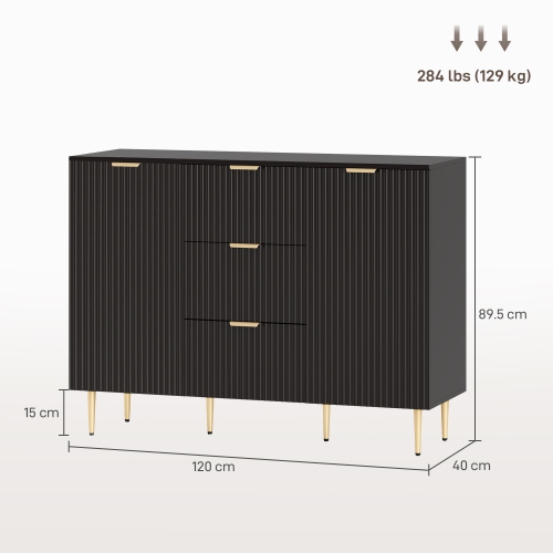 HOMCOM Sideboard Buffet Cabinet, Modern Kitchen Storage Cabinet with 3 Drawers and Adjustable Shelves, Fluted Coffee Bar Cabinet with Metal Legs for