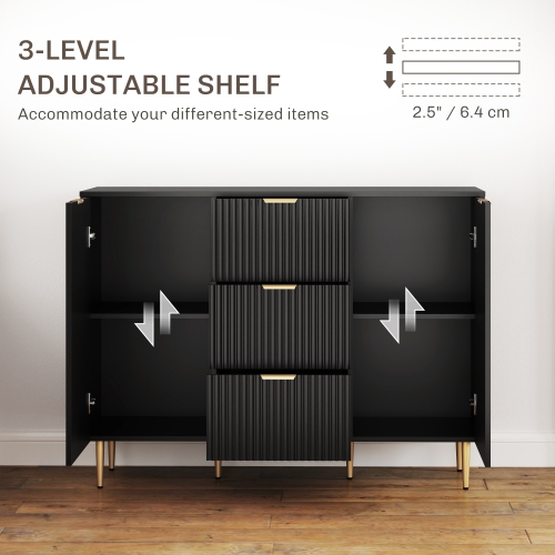 HOMCOM Sideboard Buffet Cabinet, Modern Kitchen Storage Cabinet with 3 Drawers and Adjustable Shelves, Fluted Coffee Bar Cabinet with Metal Legs for