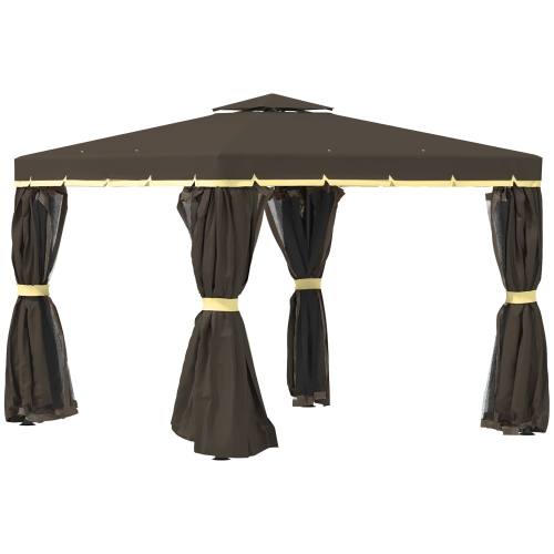 Outsunny 10' x 10' 2-Tier Outdoor Gazebo Canopy Tent with Zippered Mesh Sidewalls, Aluminum Frame for Patio, Backyard, Coffee