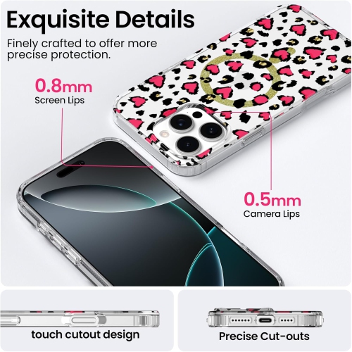 ORNARTO for iPhone 16 Pro Max Case Magnetic, [Compatible with MagSafe] Cute Leopard Cheetah Pattern TPU Slim Transparent Shockproof Phone Case
