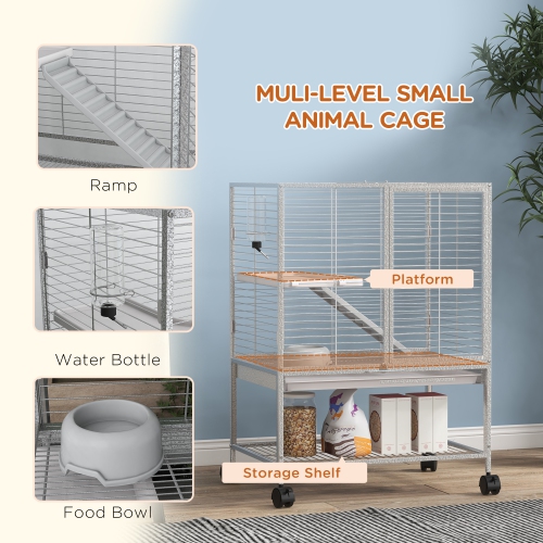 PawHut Guinea Pig Ferret Chinchilla Cage with Wheels, Pet Playpen for Rat, Kitten with Bottom Storage Shelf, Removable Tray, Ramp, 24" x 18" x 34",