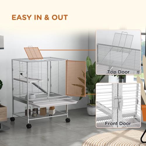 PawHut Guinea Pig Ferret Chinchilla Cage with Wheels, Pet Playpen for Rat, Kitten with Bottom Storage Shelf, Removable Tray, Ramp, 24" x 18" x 34",