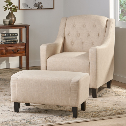 Stylists – Fauteuil en tissu capitonné et repose-pieds