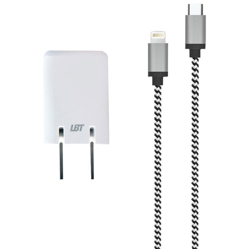 Chargeur mural USB-C 20&nbsp;W de LBT avec 1,5&nbsp;m - Remis à neuf (Bon état) Câble tissé USB-C à Lightning - Blanc