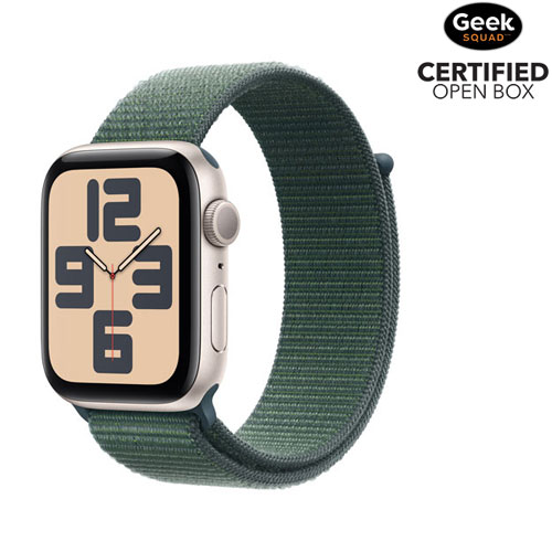 Boîte ouverte - Apple Watch SE de 44 mm avec boîtier en aluminium comète et bracelet sport à rabat vert lacustre