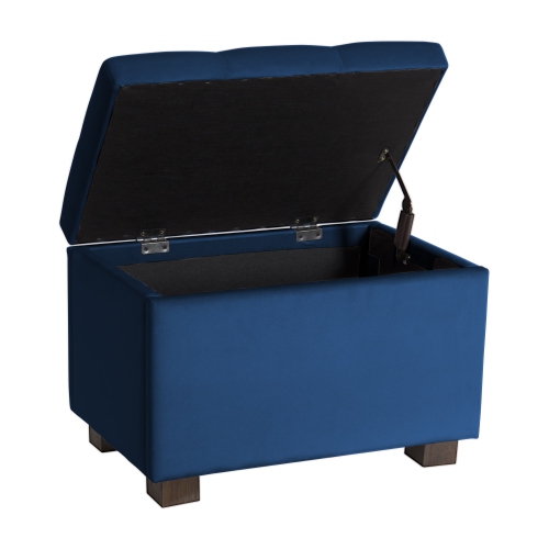 Banc pouf de rangement en velours de Corliving, petit pouf de rangement, repose-pieds, pouf pour petits espaces, pour salon, bleu marine