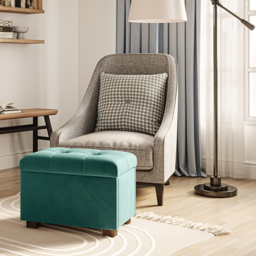 Banc pouf de rangement en velours de Corliving, petit pouf de rangement, repose-pieds, pouf pour petits espaces, pour salon, vert