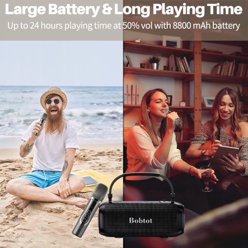 Bobtot -Portable Karaoke Machine for Adults, 80W Peak, Wireless Microphone, IPX6, Lights, Punchy Bass, 3 Echo Levels, Indoor/Outdoor EQ, Stereo