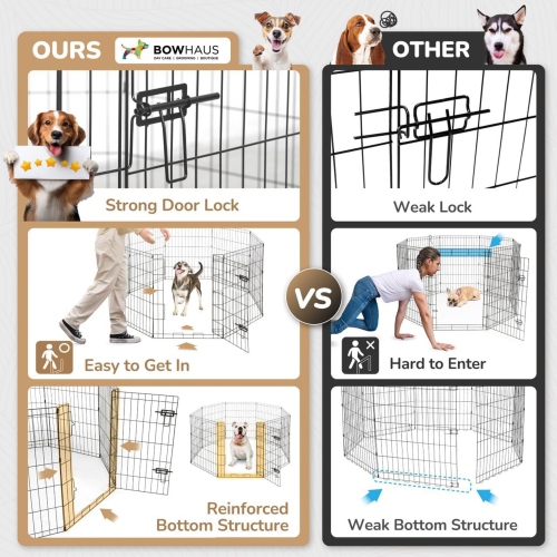 CAPHAUS Foldable Outdoor/Indoor Pet Playpen with Gate, Available in 24 Inch Height Metal Portable Kennel, Heavy-Duty Exercise Fence Cage 8 Panels for