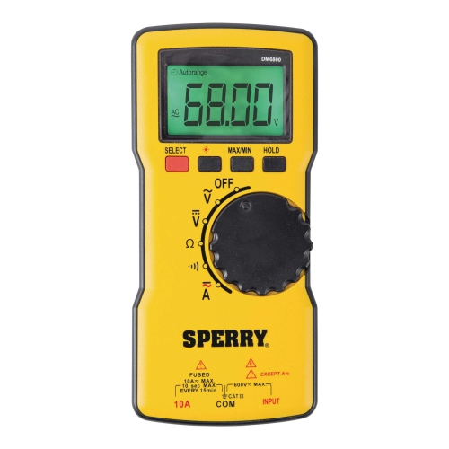 Sperry DM6800 Thin Autoranging Digital Multimeter, 600 V AC/DC, 10A Current, Continuity, Resistance, Yellow