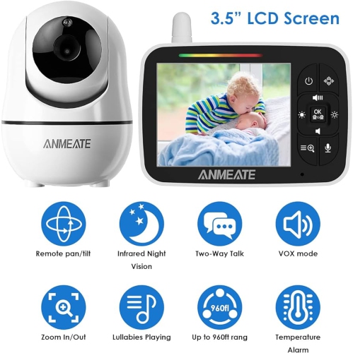Brand New-ANMEATE Baby Monitor with Remote Pan-Tilt-Zoom Camera, 3.5” Display Video Baby Monitor with Camera and Audio |Infrared Night Vision |Two