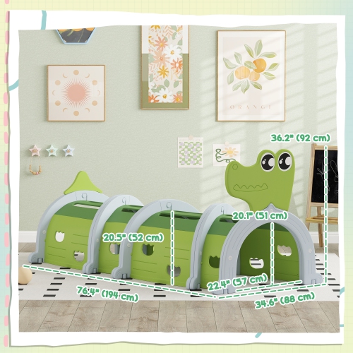 Qaba Tunnel for Kids to Crawl Through, Crocodile Design Toddler Play Tunnel Indoor & Outdoor Climbing Toys Play Structure for 3-6 Years, Green, 76" x