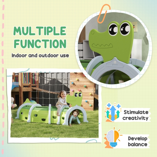 Qaba Tunnel for Kids to Crawl Through, Crocodile Design Toddler Play Tunnel Indoor & Outdoor Climbing Toys Play Structure for 3-6 Years, Green, 76" x