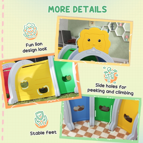 Qaba Tunnel for Kids to Crawl Through, Lion Design Toddler Play Tunnel Indoor & Outdoor Climbing Toys Play Structure for 3-6 Years, Multicoloured,