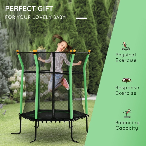 Soozier 63" Kids Trampoline Mini Indoor Bouncer Jumper with Enclosure Net Elastic Thick Padded Pole Gift for Child Toddler Age 3-10 Years Old Green