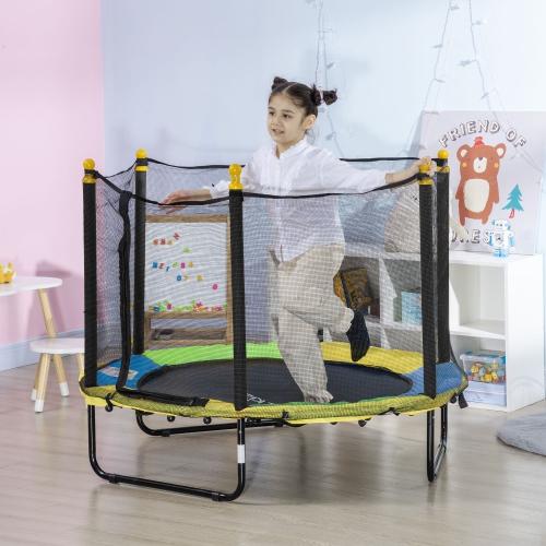 Qaba 55" Trampoline for Kids, 44.5"H Indoor Outdoor Toddler Trampoline with Safety Enclosure Net, Baby Recreational Play for Boys and Girls, Ages