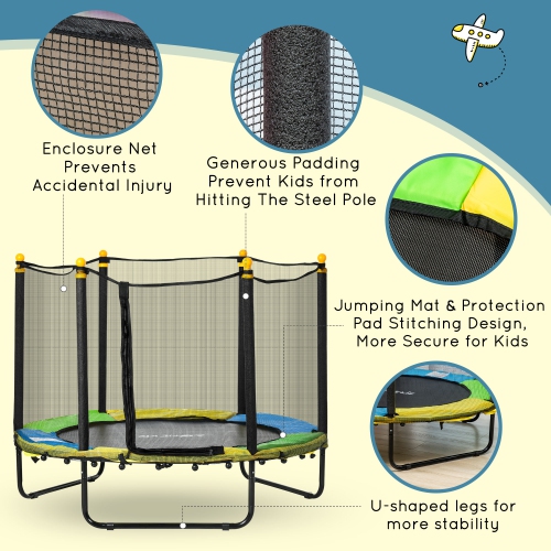 Qaba 55" Trampoline for Kids, 44.5"H Indoor Outdoor Toddler Trampoline with Safety Enclosure Net, Baby Recreational Play for Boys and Girls, Ages