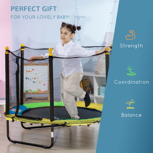 Qaba 55" Trampoline for Kids, 44.5"H Indoor Outdoor Toddler Trampoline with Safety Enclosure Net, Baby Recreational Play for Boys and Girls, Ages