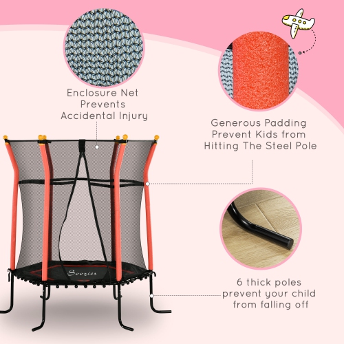 Soozier 63" Kids Trampoline Mini Indoor Bouncer Jumper with Enclosure Net Elastic Thick Padded Pole Gift for Child Toddler Age 3-10 Years Old Red