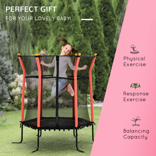 Soozier 63" Kids Trampoline Mini Indoor Bouncer Jumper with Enclosure Net Elastic Thick Padded Pole Gift for Child Toddler Age 3-10 Years Old Red