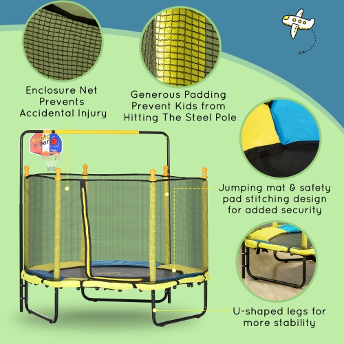 Qaba 55" Trampoline for Kids, 47.2"-55.1"H Indoor Outdoor Toddler Trampoline with Safety Enclosure Net, Baby Recreational Play for Boys and Girls,