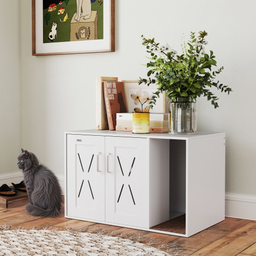 PawHut – Armoire à litière pour chats, meuble caché pour litière pour chats avec plateau à gratter, table d'extrémité pour la maison pour chats et