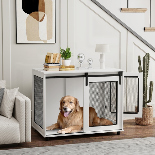 PawHut Dog Crate Furniture, 39" Dog Kennel End Table with Sliding Barn Door, Furniture Style Dog Cage for Large Dogs, White