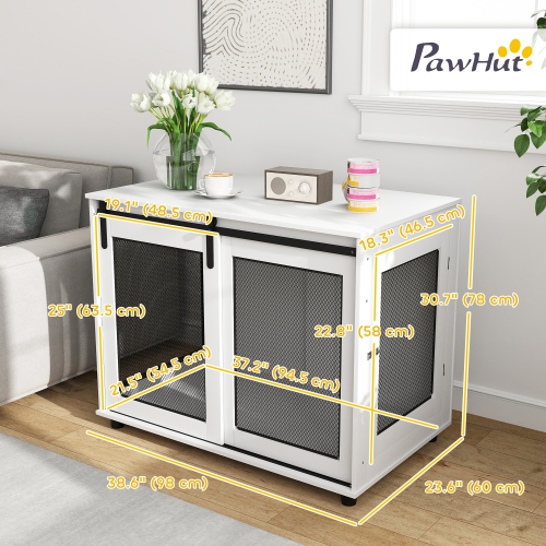 PawHut Dog Crate Furniture, 39" Dog Kennel End Table with Sliding Barn Door, Furniture Style Dog Cage for Large Dogs, White