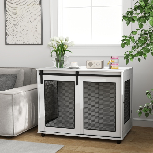 PawHut Dog Crate Furniture, 39" Dog Kennel End Table with Sliding Barn Door, Furniture Style Dog Cage for Large Dogs, White