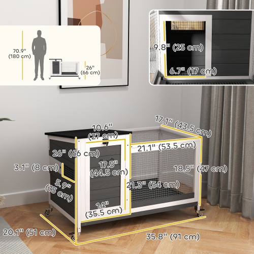 PawHut Wooden Rabbit Hutch, Indoor Outdoor Guinea Pig Cage with Pull-Out Tray, Asphalt Openable Roof, Small Animal Cage on Wheels with Run, Dark Grey