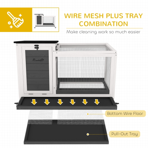 PawHut Wooden Rabbit Hutch, Indoor Outdoor Guinea Pig Cage with Pull-Out Tray, Asphalt Openable Roof, Small Animal Cage on Wheels with Run, Dark Grey