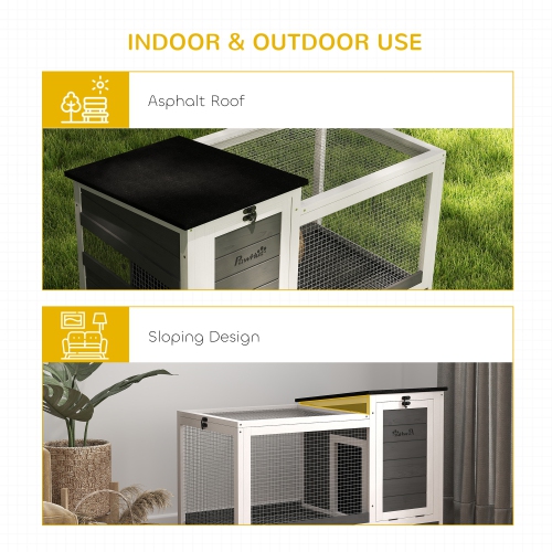 PawHut Wooden Rabbit Hutch, Indoor Outdoor Guinea Pig Cage with Pull-Out Tray, Asphalt Openable Roof, Small Animal Cage on Wheels with Run, Dark Grey