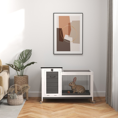 PawHut Wooden Rabbit Hutch, Indoor Outdoor Guinea Pig Cage with Pull-Out Tray, Asphalt Openable Roof, Small Animal Cage on Wheels with Run, Dark Grey