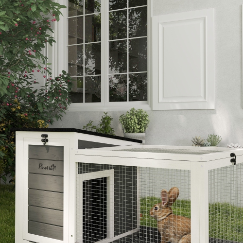 PawHut Wooden Rabbit Hutch, Indoor Outdoor Guinea Pig Cage with Pull-Out Tray, Asphalt Openable Roof, Small Animal Cage on Wheels with Run, Dark Grey