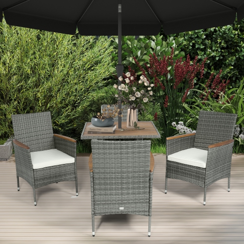 Outsunny 5 Pieces Rattan Patio Dining Set for 4, Patio Table and Chairs with 50mm Umbrella Hole and Cushions, Wicker Outdoor Dining Set for Garden,