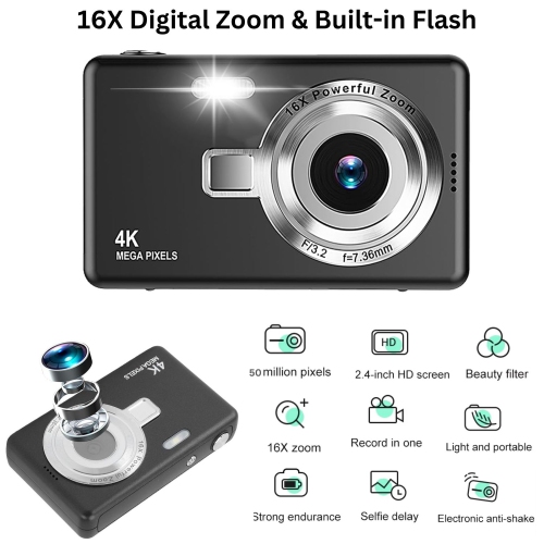 MAKATA Kid's 4K Digital Camera and Video Recorder 48MP 16X Zoom 1080P HD Vlogging Point and Shoot Camera 32GB Memory Card, Gift for Kids, Teens,