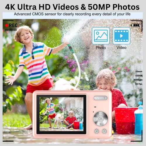 MAKATA Kid's 4K Digital Camera and Video Recorder 48MP 16X Zoom 1080P HD Vlogging Point and Shoot Camera 32GB Memory Card, Gift for Kids, Teens,
