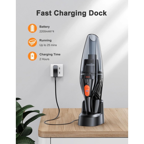 Handheld Vacuum Cordless Rechargeable 9KPA - [2H Fast Charging Dock] Portable Car Vacuum Cleaner High Power Suction with LED Light, 2 HEPA Filters,