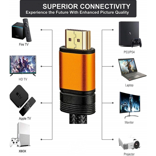 25FT/8M 2.1 Orange HDMI Cord 8K Ultra High-Speed 48Gbps, Supports 8K@60HZ, 4K@120HZ, 4320p, Compatible with Fire TV, 3D Support, Ethernet Function,